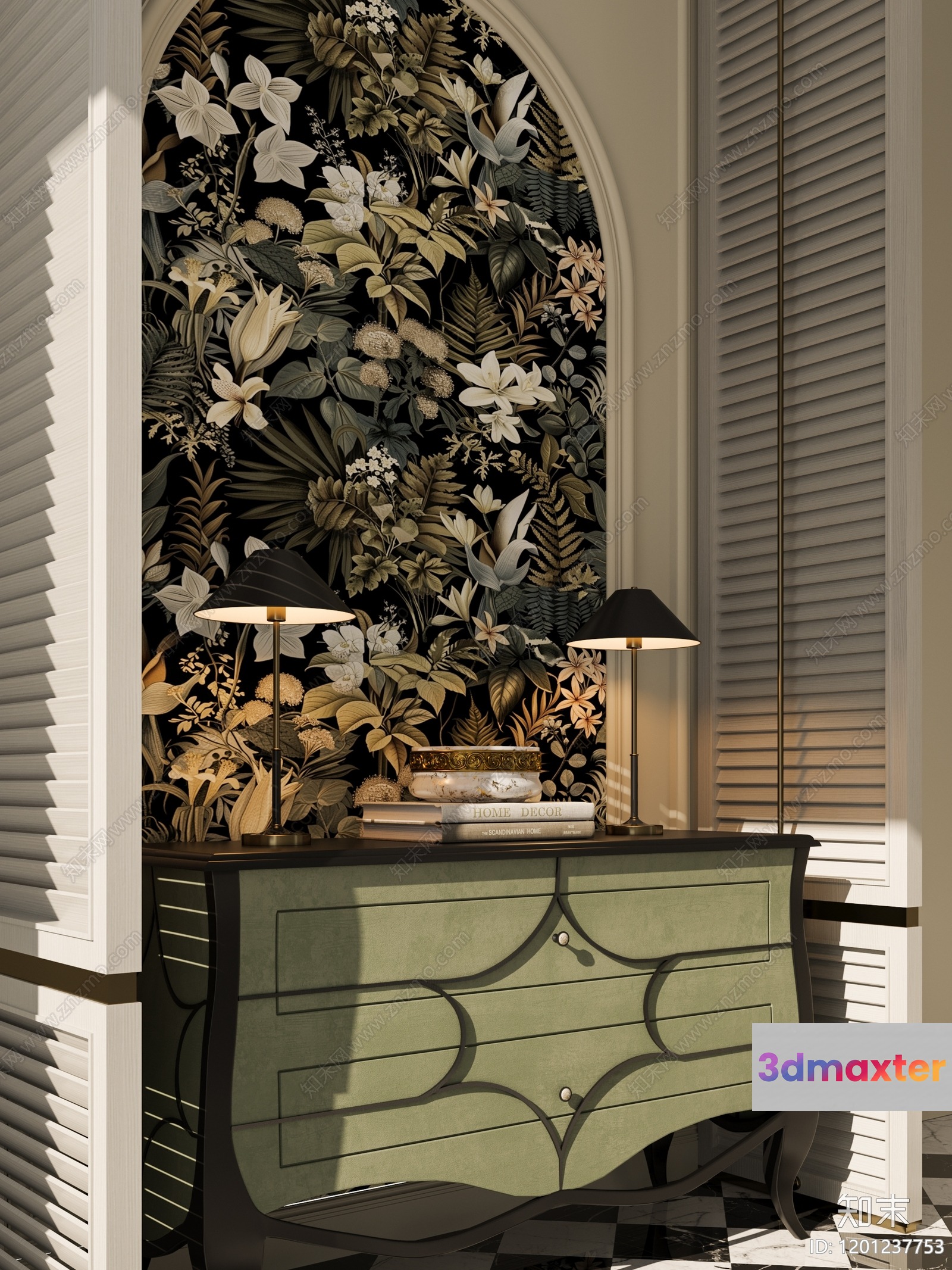 A Dresser With A Floral Wallpaper 3D Model - 5552 - CORONA Render