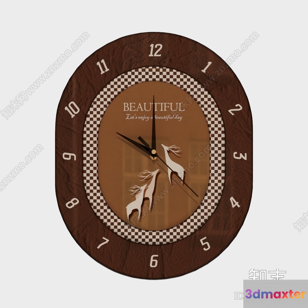 A Clock With A Brown And White Checkered Pattern 3D Model - 13571 - VRAY Render