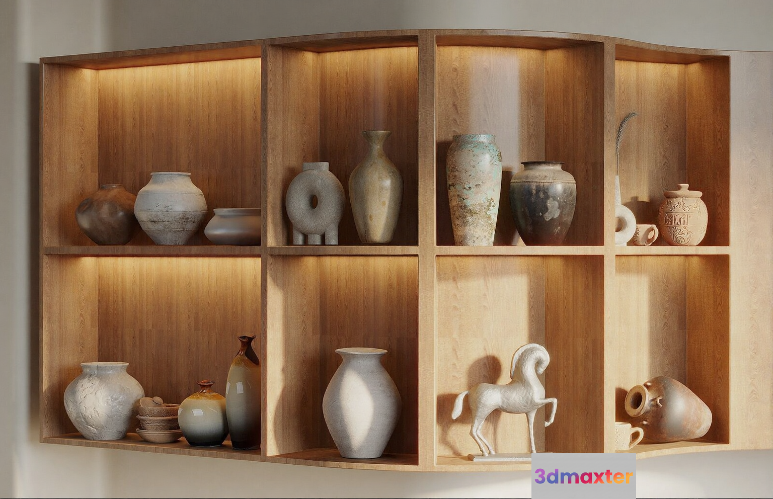 A Wooden Shelf With Various Vases And Decorative Items 3D Model - 14585 - VRAY Render