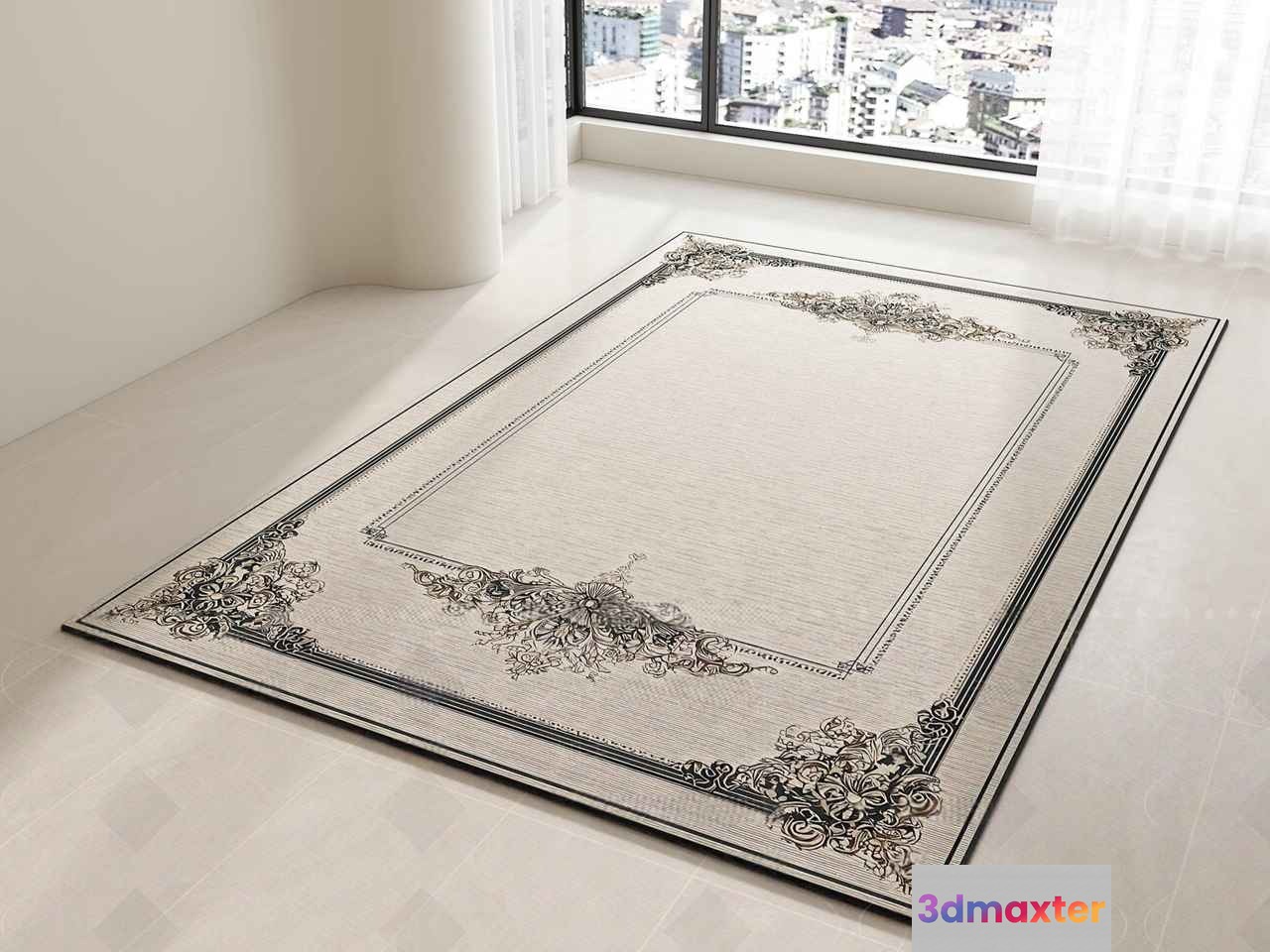 A Large White Rug With A Floral Pattern 3D Model - 7728 - VRAY Render