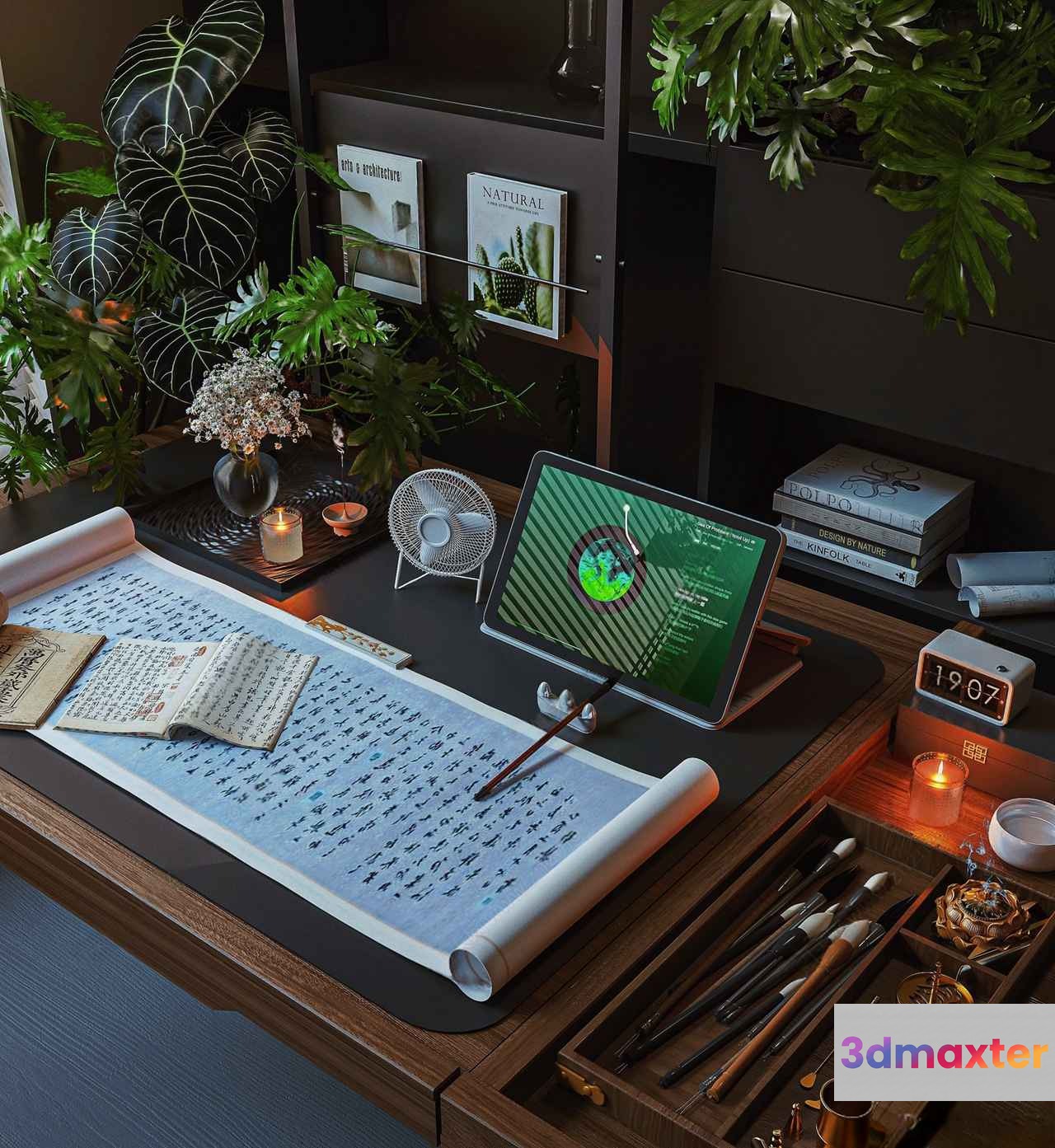 A Wooden Desk With A Computer And Various Office Supplies 3D Model - 18041 - VRAY Render