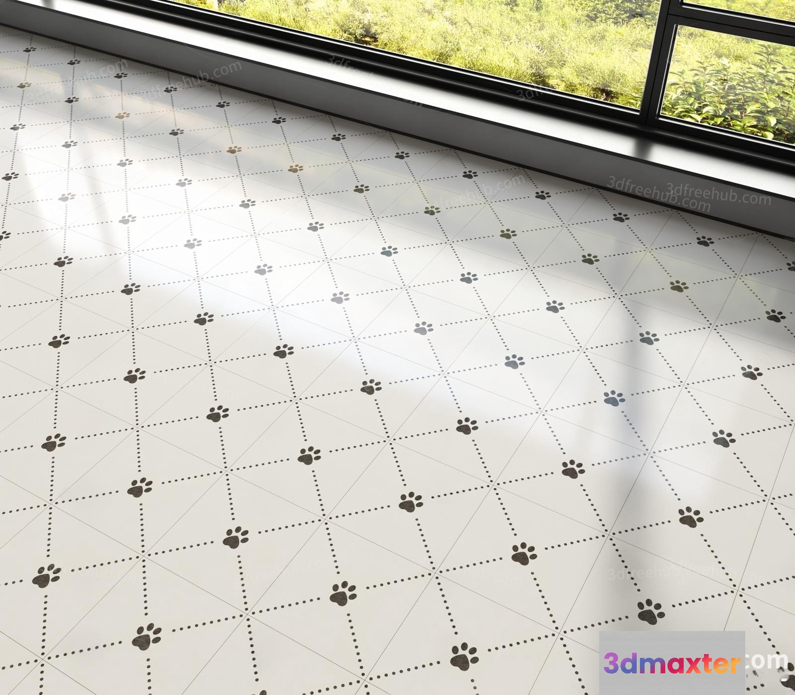 The Image Features A Room With A White Floor Adorned With Black Paw Prints 3D Model - 20909 - VRAY Render
