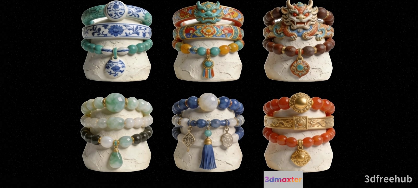 Stacked Bracelets With Various Charms 3D Model - 23017 - VRAY Render