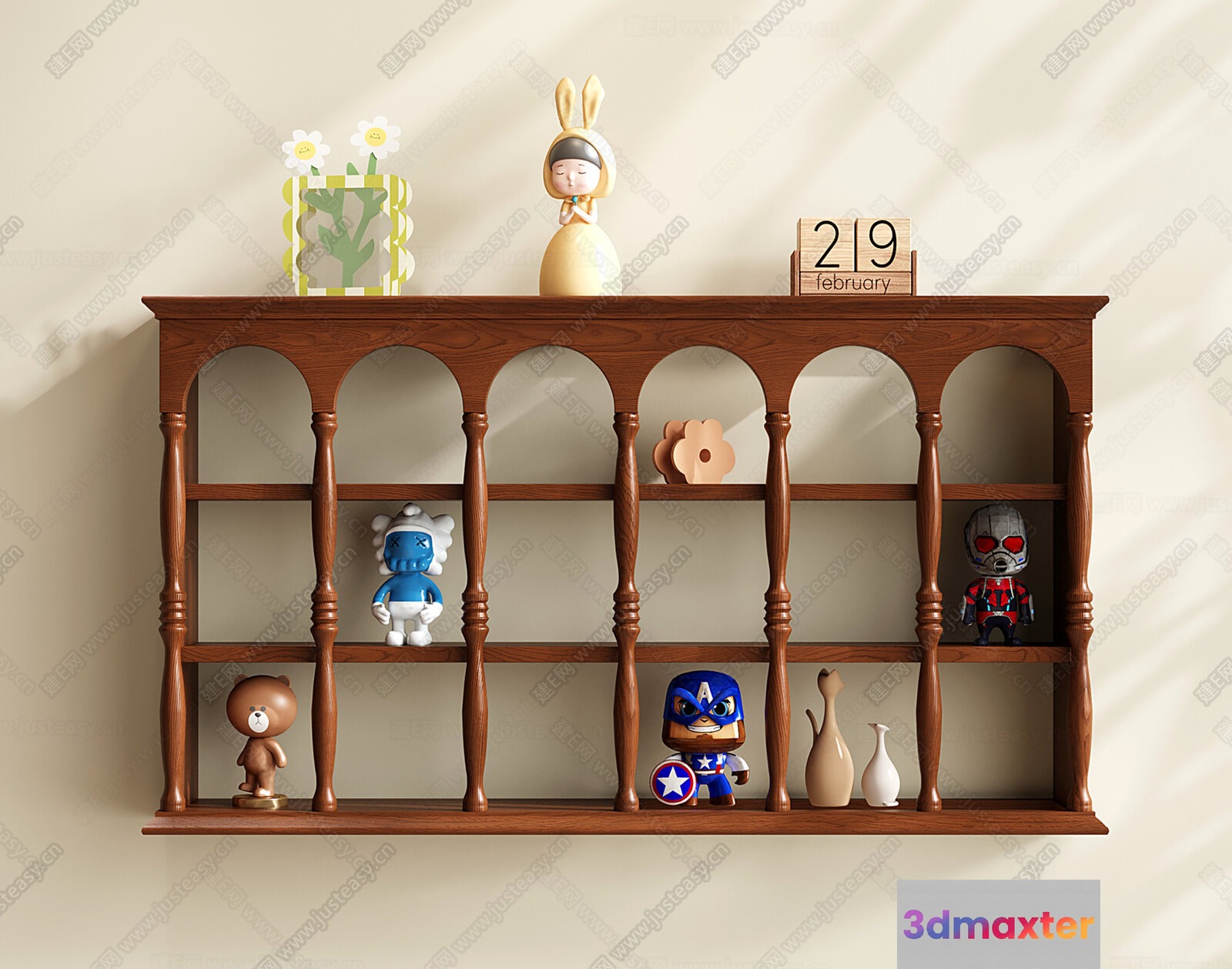 A Wooden Shelf With Decorative Items 3D Model - 17073 - VRAY Render
