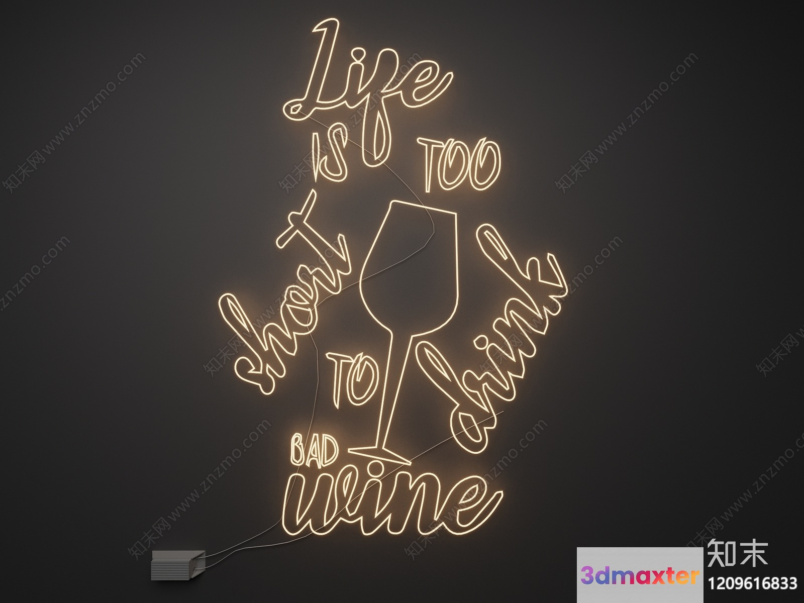 A Neon Sign With A Wine Glass And The Phrase Life Is Too Short 3D Model - 1360 - VRAY Render