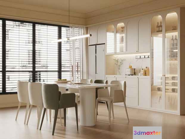 Modern White Dining Room 3D Model - 4047 - VRAY Render