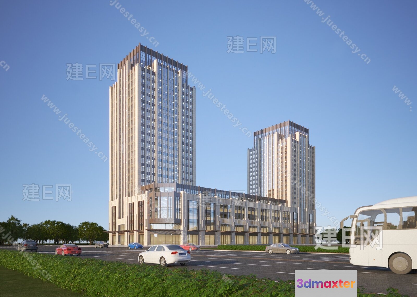 A Tall Building With A Bus In Front Of It 3D Model - 1278 - VRAY Render
