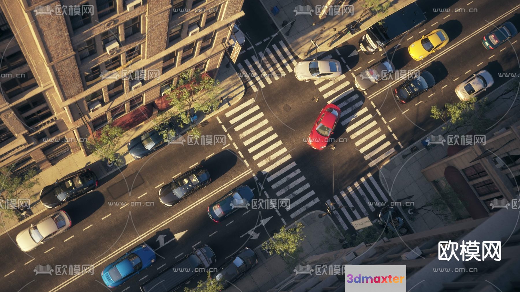 A Busy City Street With Cars And Buildings 3D Model - 8113 - VRAY Render