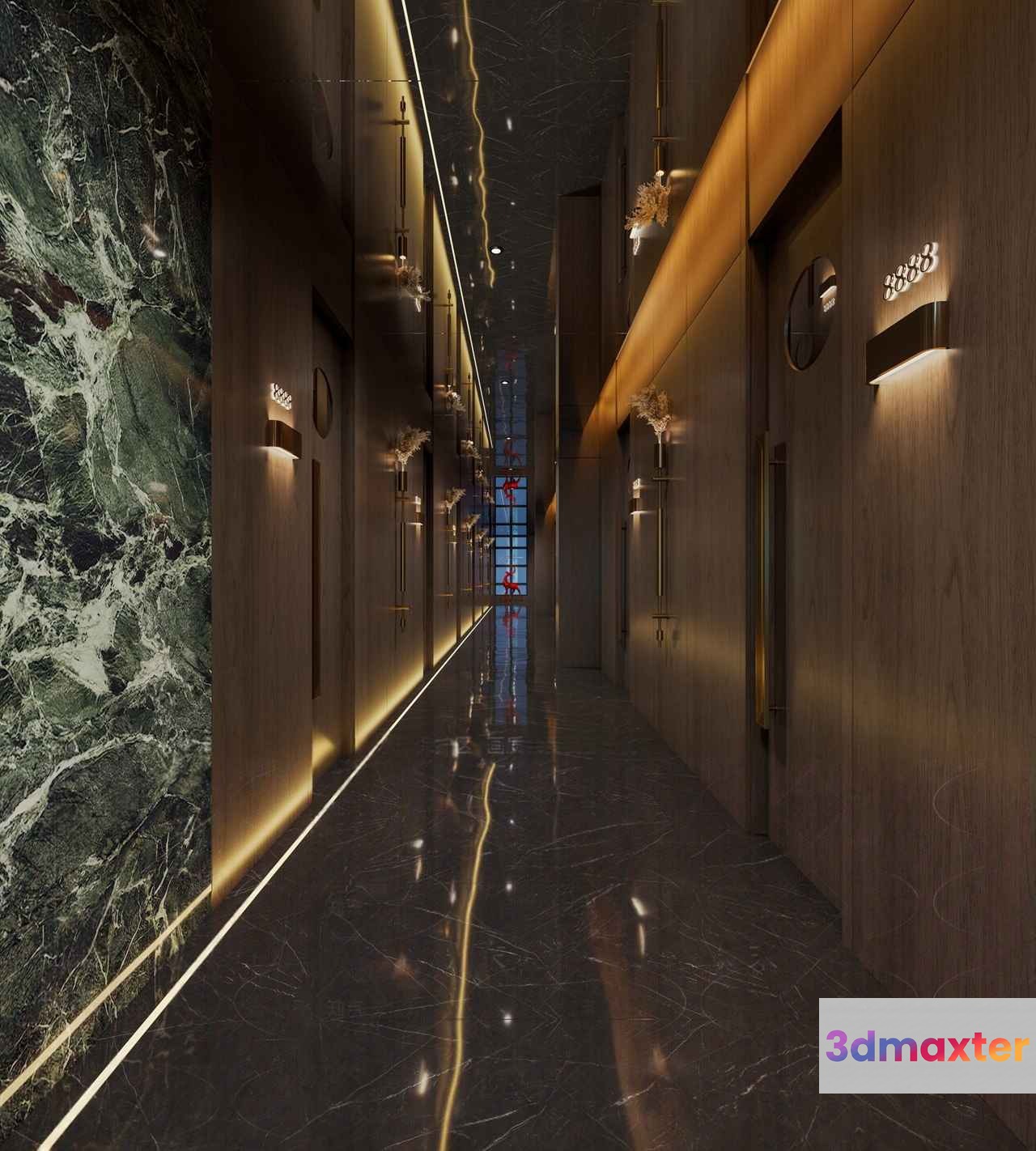 A Long Hallway With Marble Floors And Walls 3D Model - 11645 - CORONA Render