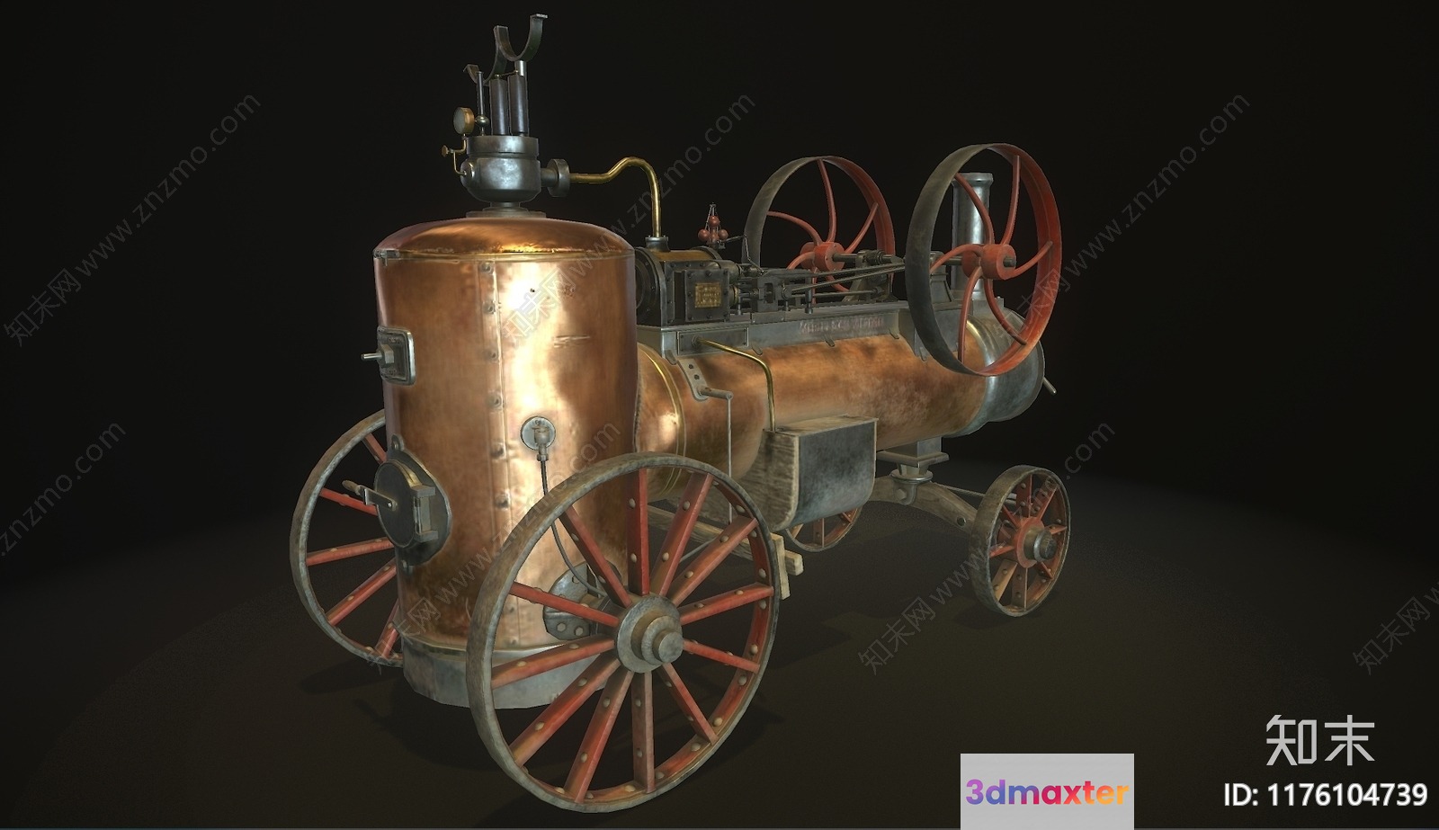 A Steampunk-Style Wagon With A Copper Tank And Red Wheels 3D Model - 624 - CORONA Render
