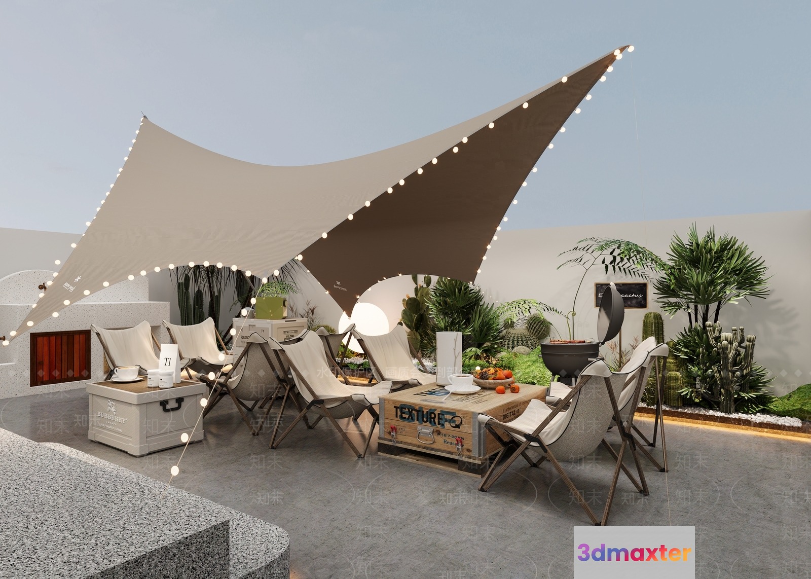 Outdoor Seating Area With A Unique Shade Structure 3D Model - 14720 - VRAY Render