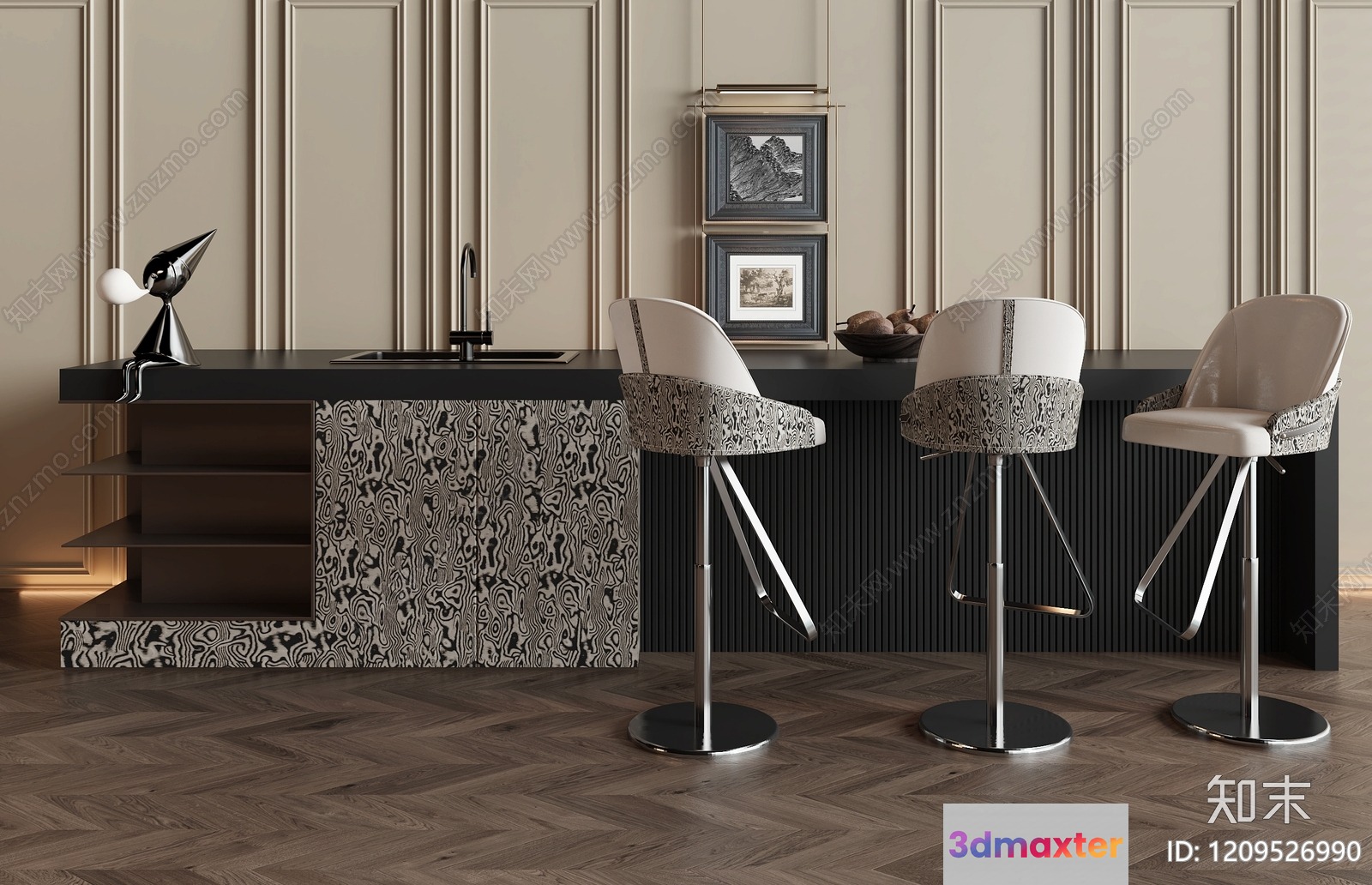 Modern Kitchen With Stools 3D Model - 223 - VRAY Render