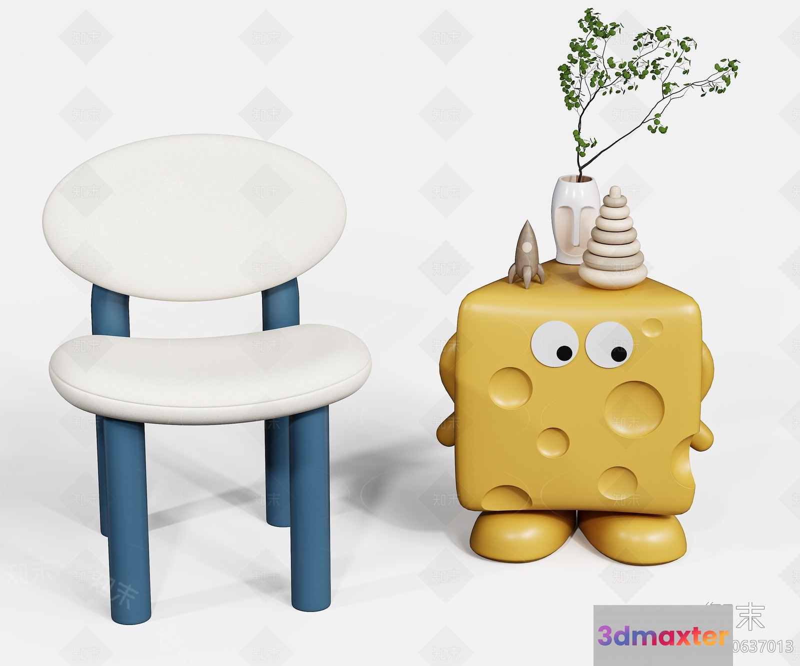 A Cartoon Cheese Character Sitting Next To A Chair 3D Model - 7506 - VRAY Render