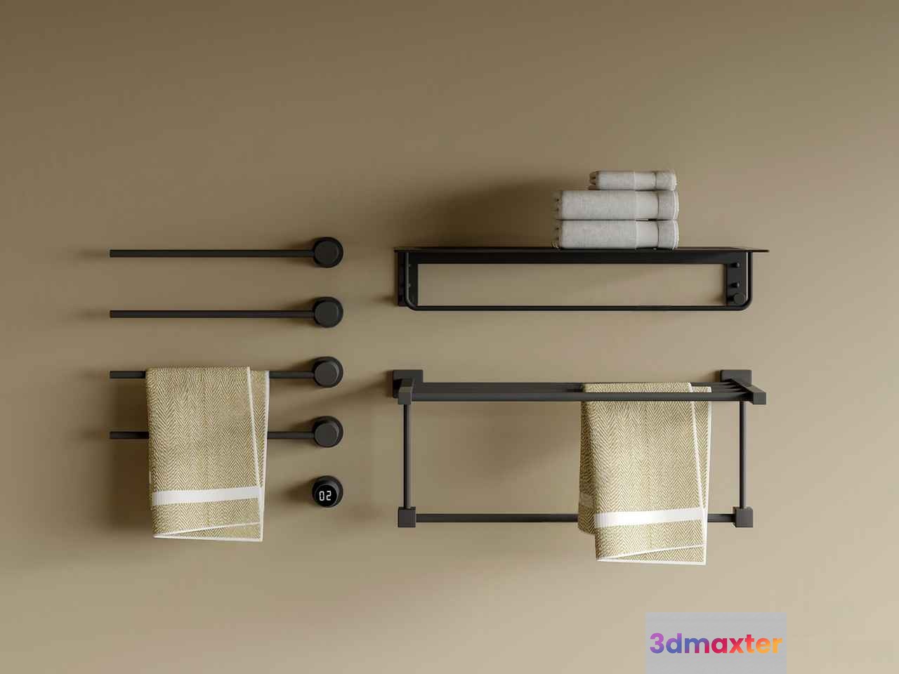 A Towel Rack With Two Towels Hanging From It 3D Model - 10462 - CORONA Render