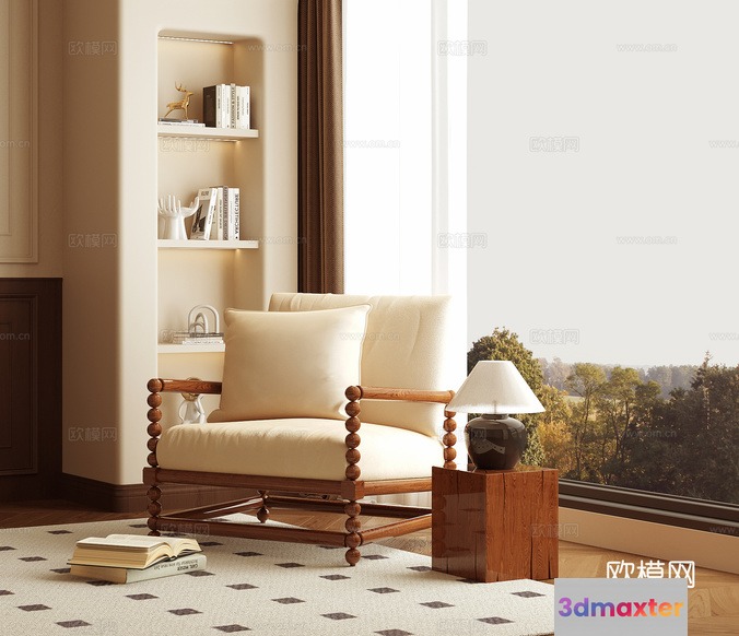 Wooden Armchair With Pillows 3D Model - 4595 - VRAY Render