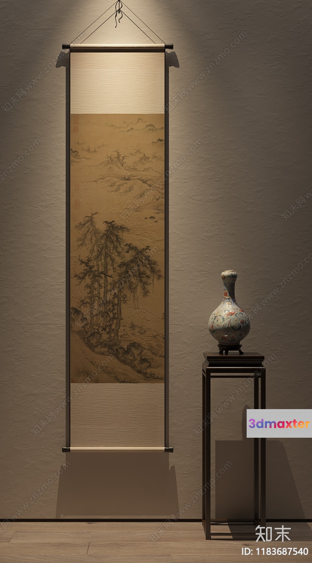 A Chinese-Style Scroll Hanging On A Wall 3D Model - 17922 - VRAY Render