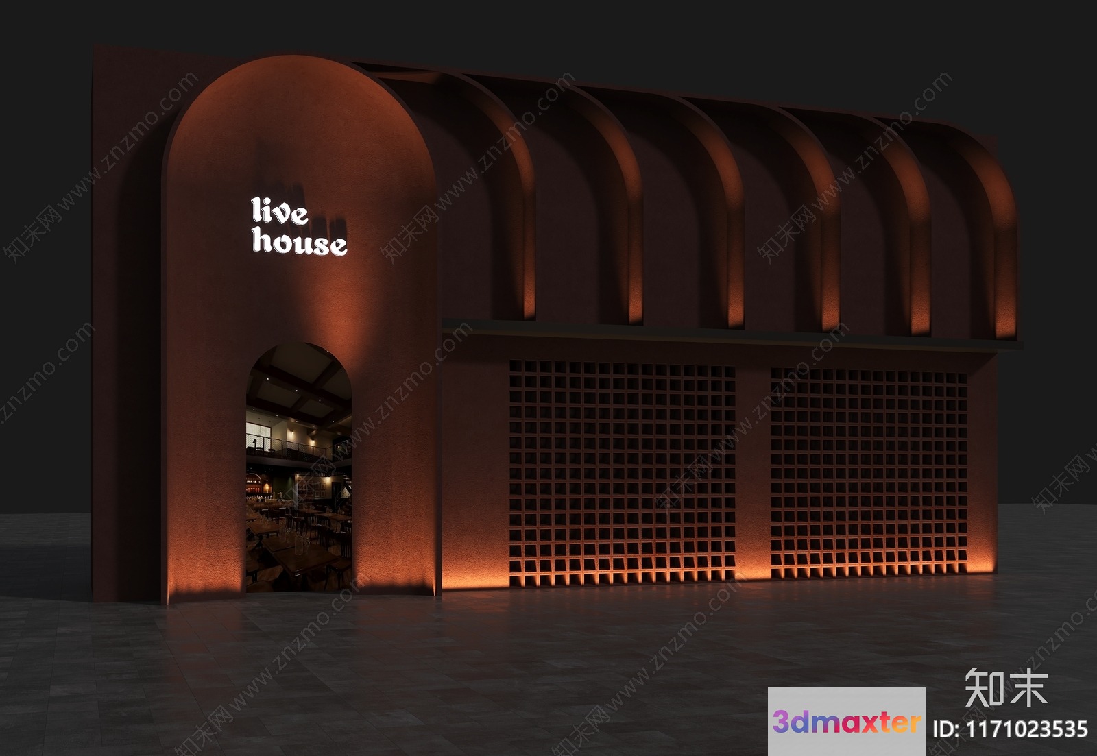 A Building With A Distinctive Arched Entrance Featuring The Words 3D Model - 1949 - VRAY Render