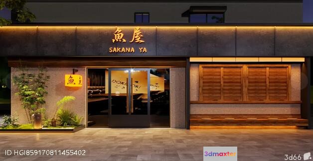 A Japanese Restaurant Storefront With A Sign That Reads Sakana Ya 3D Model - 17965 - VRAY Render