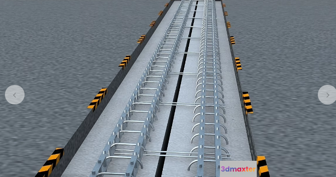 A Long Metal Bridge With A Railing And Yellow And Black Stripes 3D Model - 3316 - VRAY Render