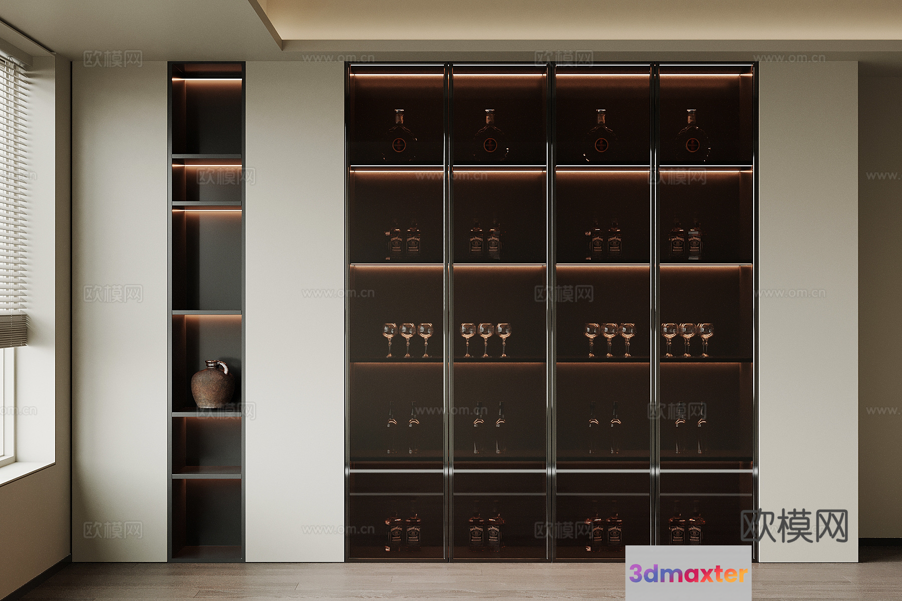 A Tall Cabinet With Glass Doors And Shelves 3D Model - 19539 - VRAY Render