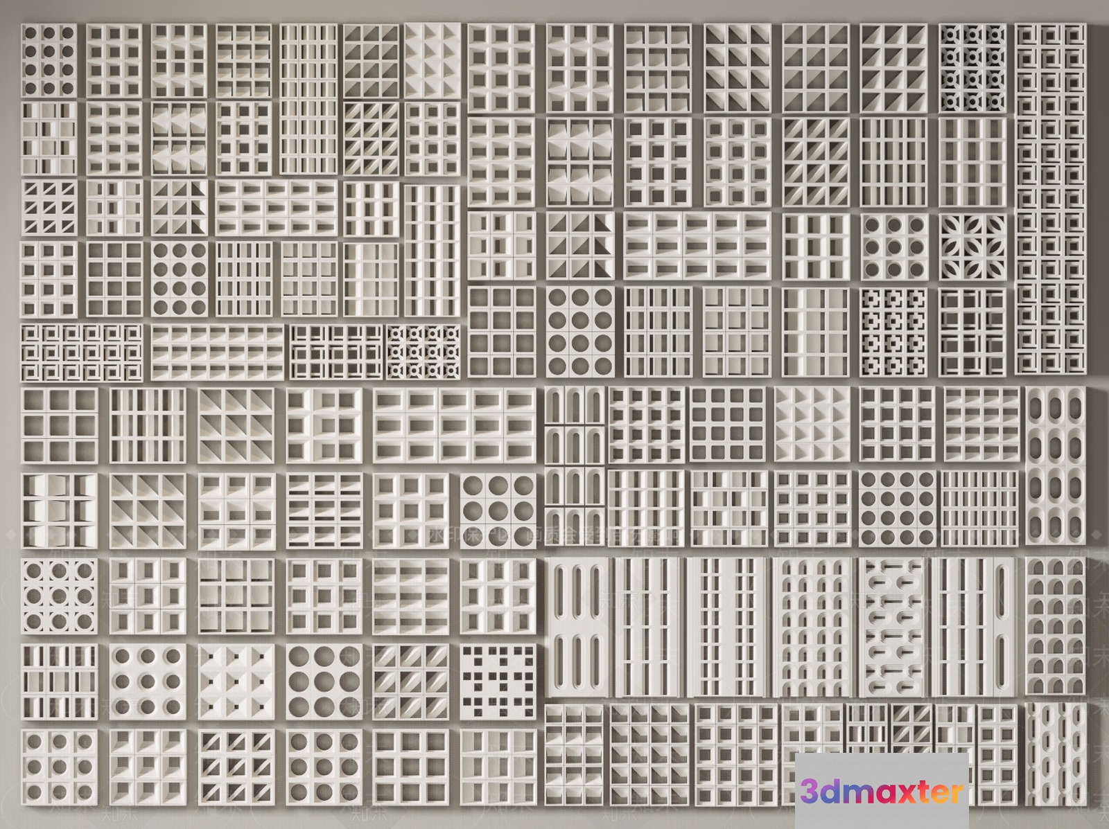 A Large Grid Of White Tiles With Various Patterns And Designs 3D Model - 1315 - VRAY Render