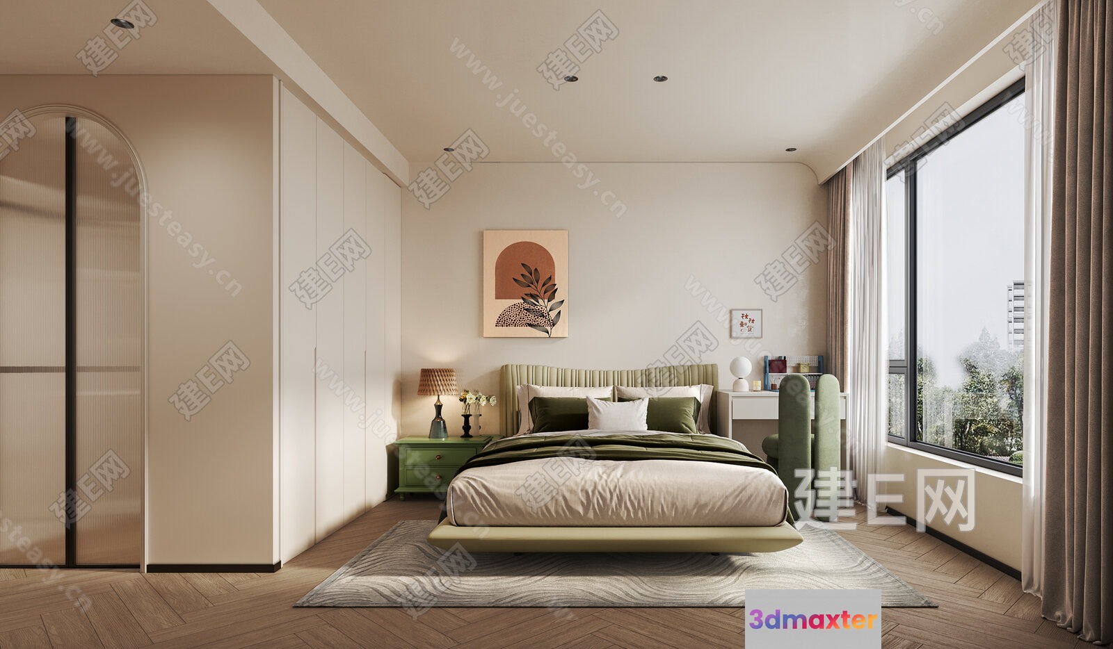A Bedroom With A Green Bed 3D Model - 3155 - VRAY Render