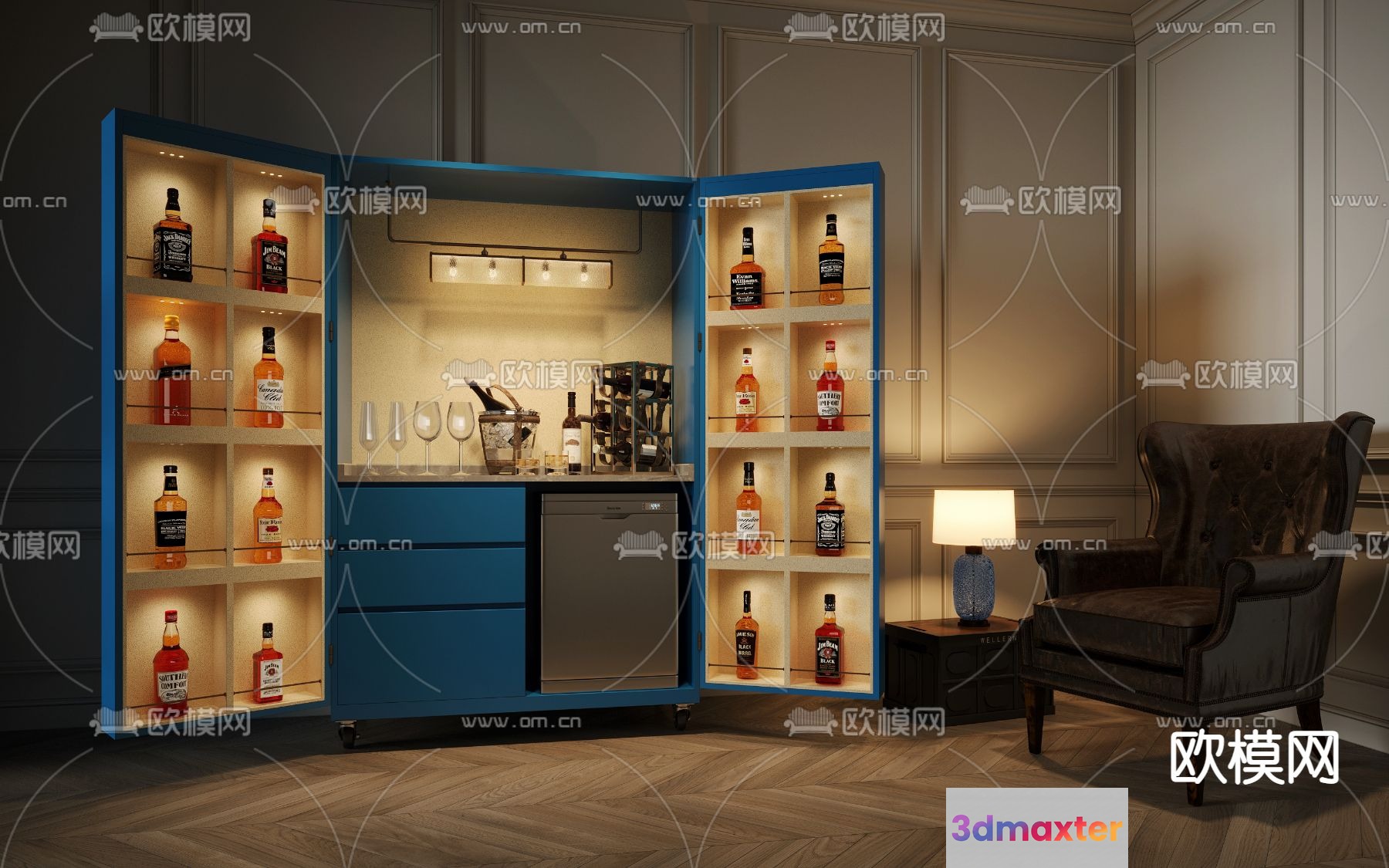 A Blue Cabinet Filled With Bottles Of Alcohol 3D Model - 2256 - VRAY Render