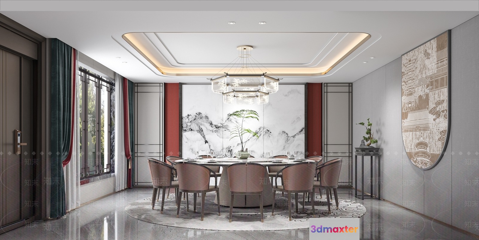 A Large Dining Room With A Round Table 3D Model - 12304 - CORONA Render