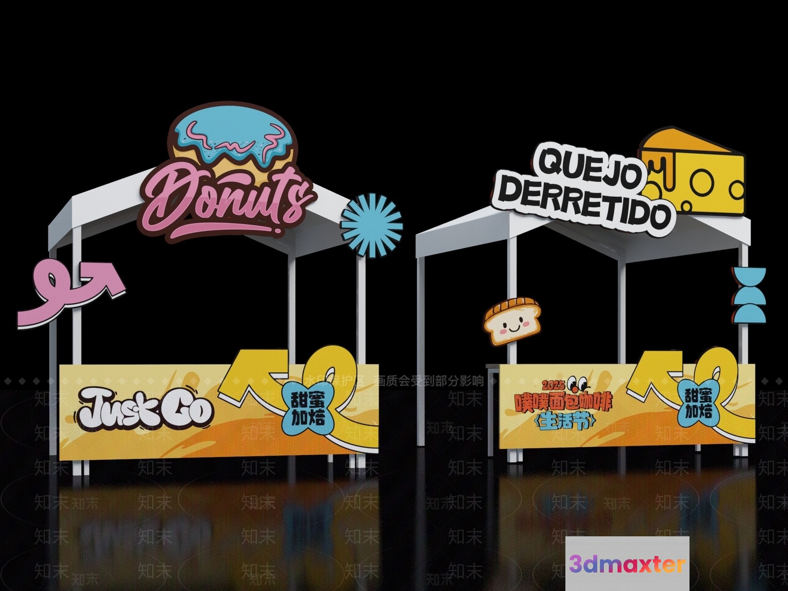Two Food Carts With Colorful Signs And Advertisements 3D Model - 10908 - VRAY Render