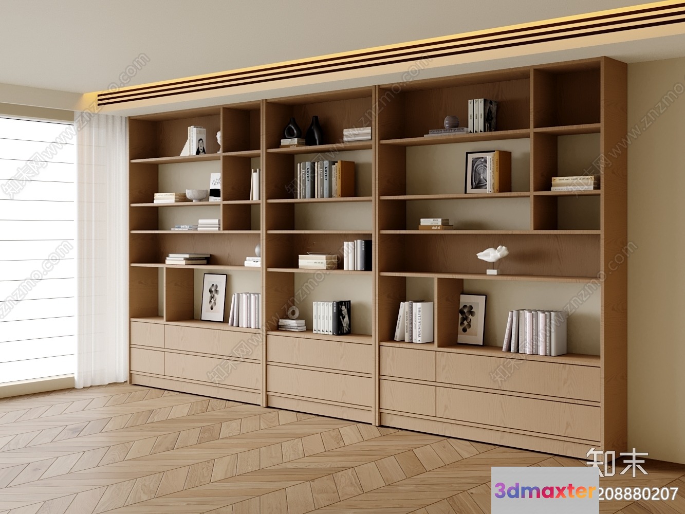 Modern Wooden Bookcase 3D Model - 8714 - CORONA Render