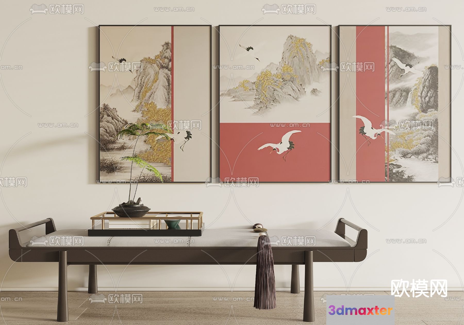 A Modern Dining Room With A Large Table And Three Paintings On The Wall 3D Model - 9781 - VRAY Render
