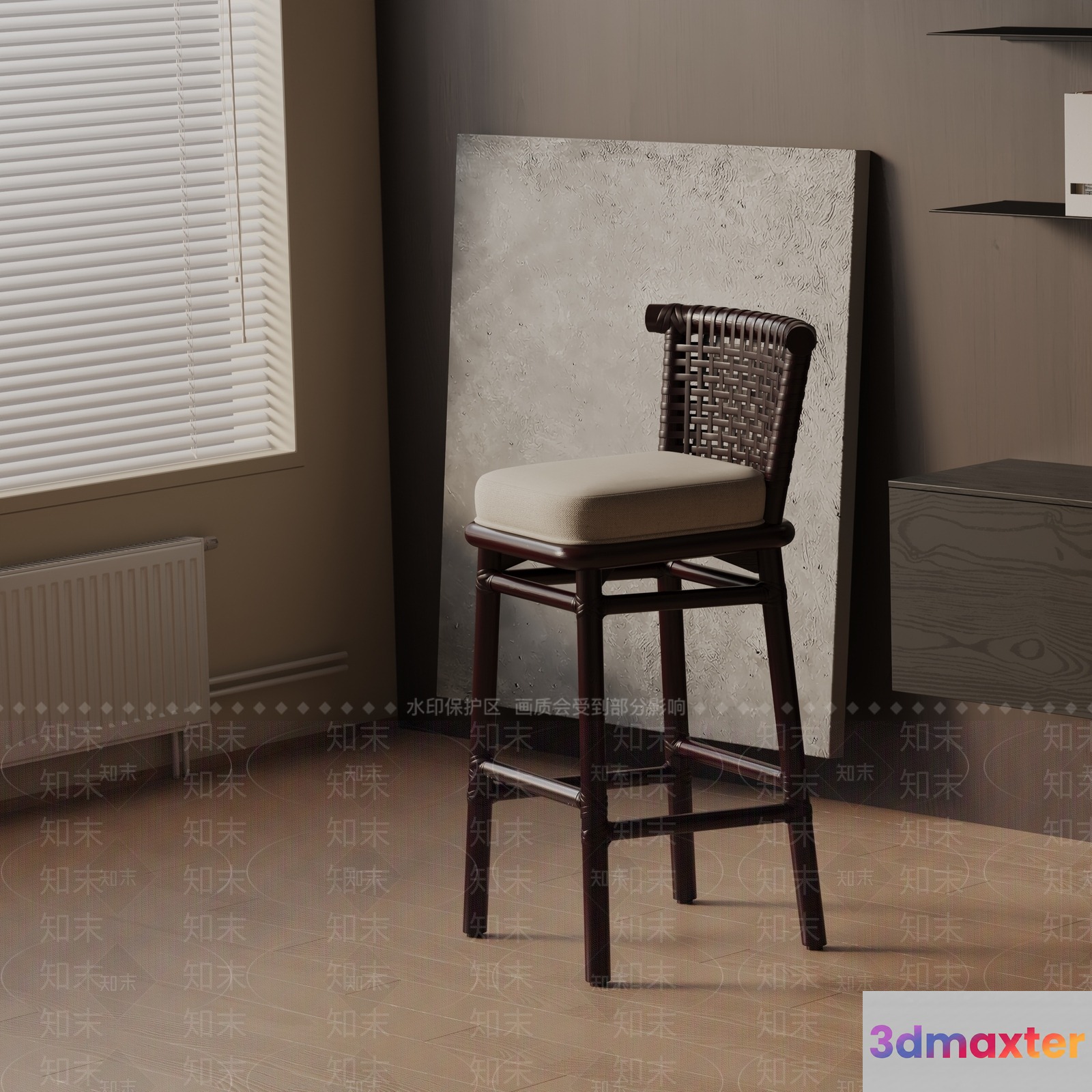A Brown Wooden Chair With A Beige Seat Cushion 3D Model - 1635 - VRAY Render