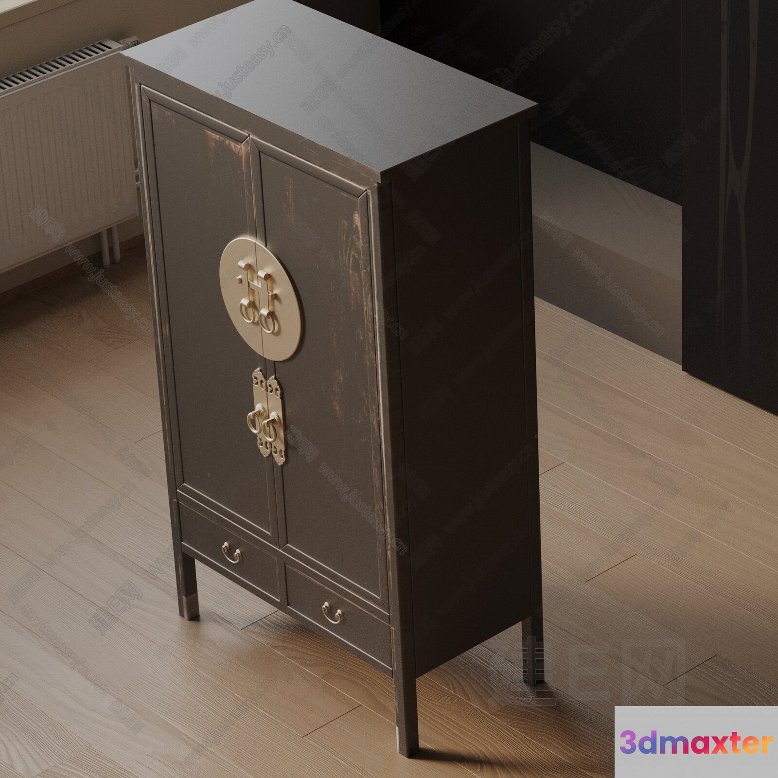 A Tall Dark Wooden Cabinet With Ornate Handles 3D Model - 7817 - VRAY Render