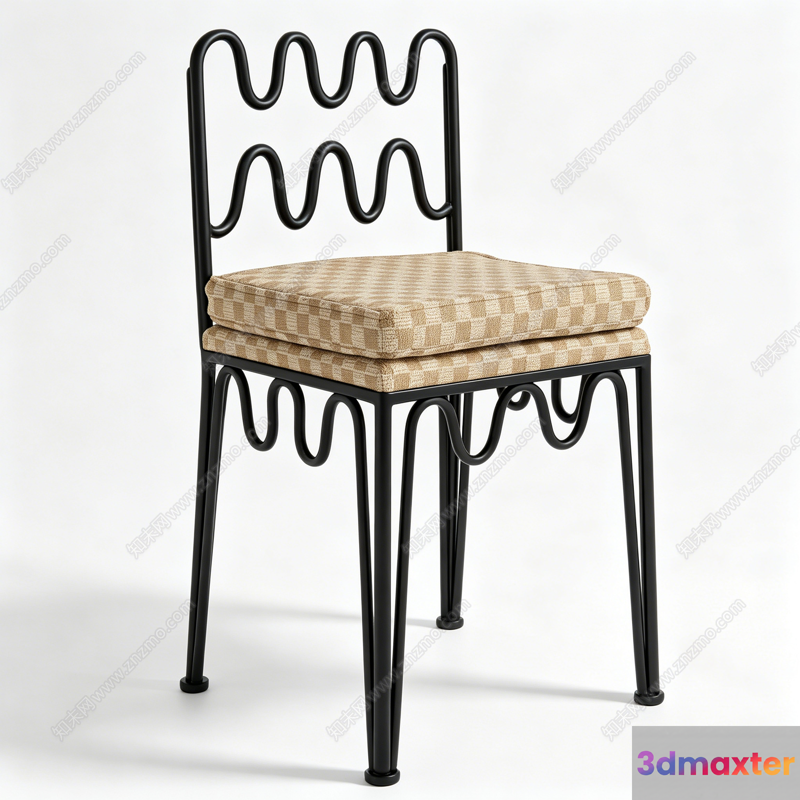 A Black Metal Chair With A Tan And White Checkered Cushion 3D Model - 15806 - VRAY Render
