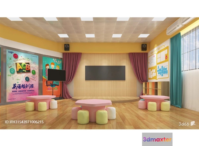A Classroom With A Tv And Tables 3D Model - 6465 - VRAY Render