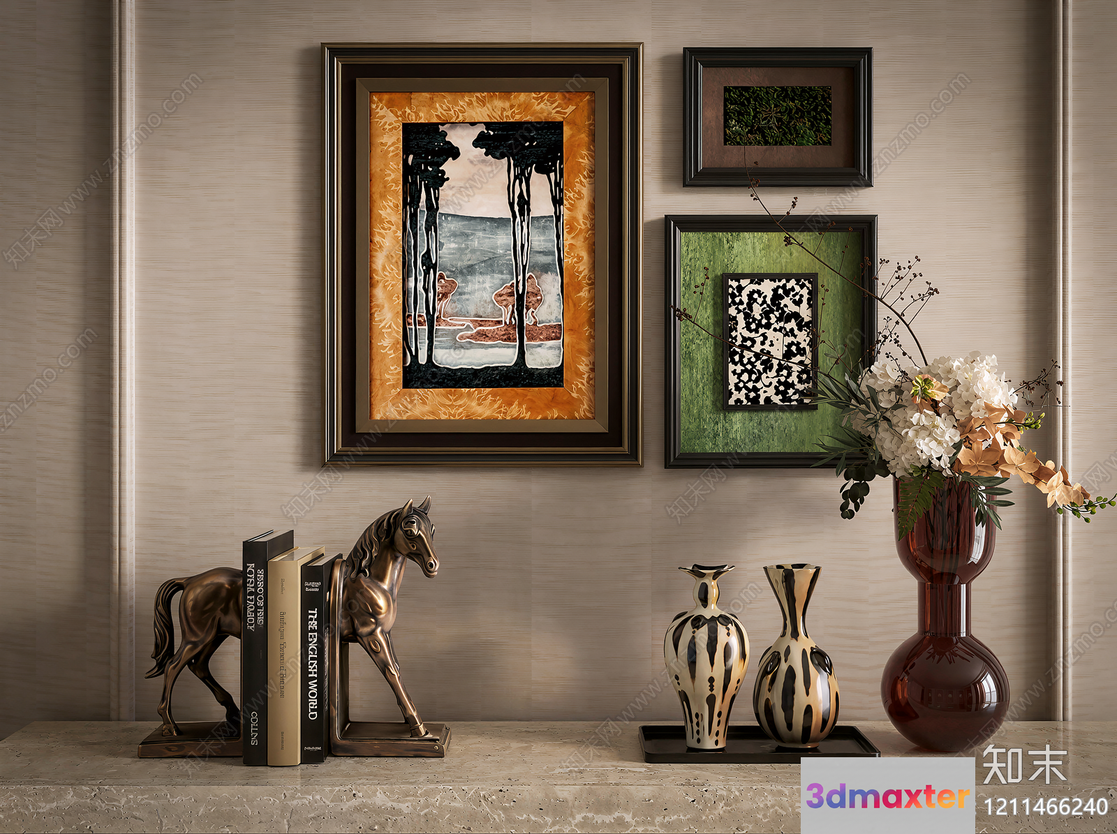 A Framed Art Piece With A Horse Statue And Vases 3D Model - 3896 - VRAY Render