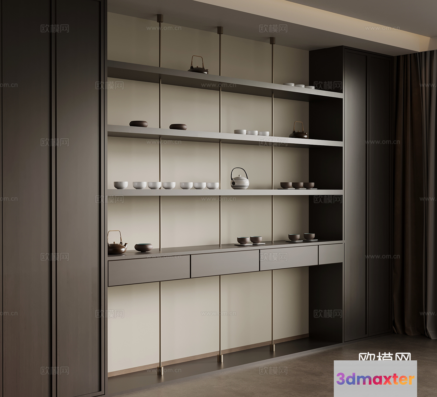 A Modern Kitchen With A Built-In Shelving Unit 3D Model - 12209 - VRAY Render