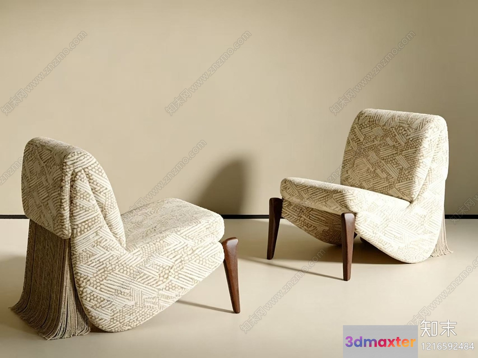 Two Chairs With Cream-Colored Upholstery And Wooden Legs 3D Model - 15031 - VRAY Render