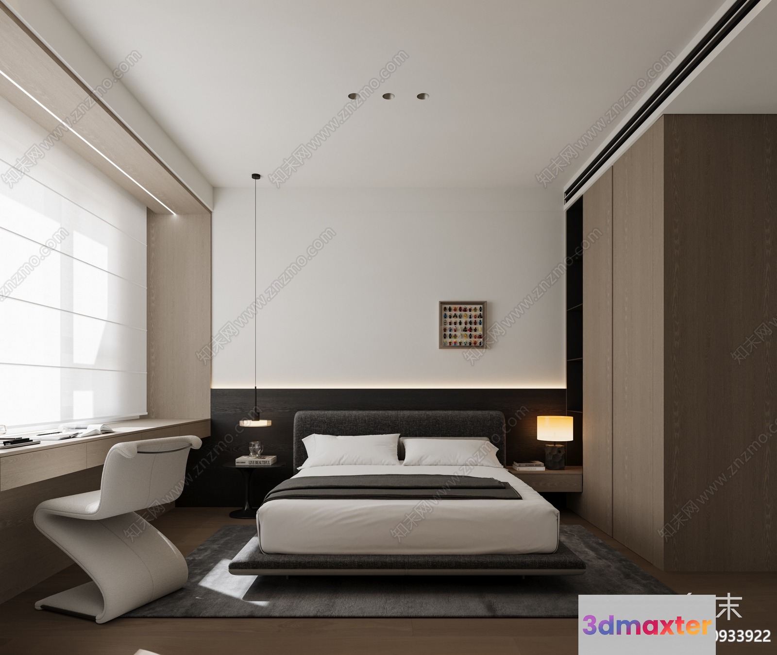 Modern Bedroom With A Bed 3D Model - 2793 - VRAY Render