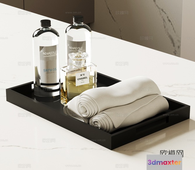 A Black Tray With Toiletries And Towels 3D Model - 7068 - VRAY Render