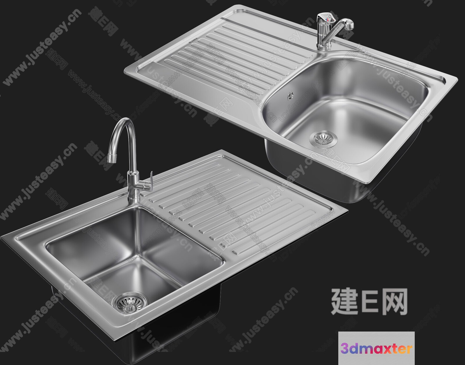 Two Stainless Steel Sinks 3D Model - 3737 - VRAY Render
