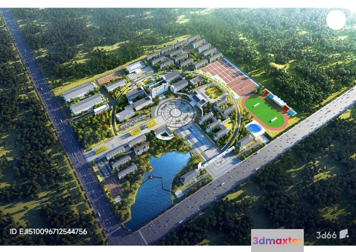 Aerial View Of A Large Building Complex With A Road And Trees 3D Model - 6287 - VRAY Render