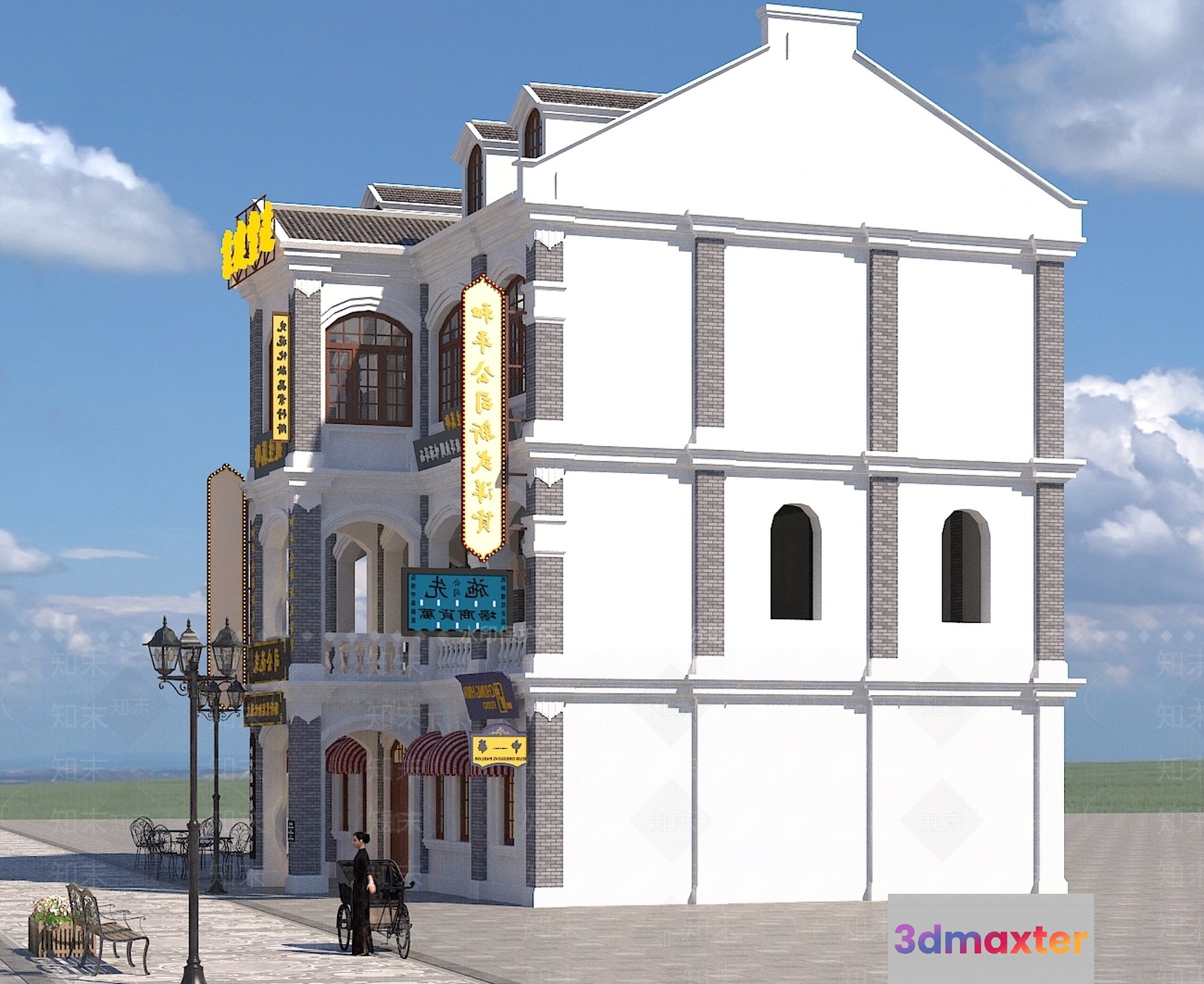 A White Building With A Sign In Chinese 3D Model - 14715 - VRAY Render