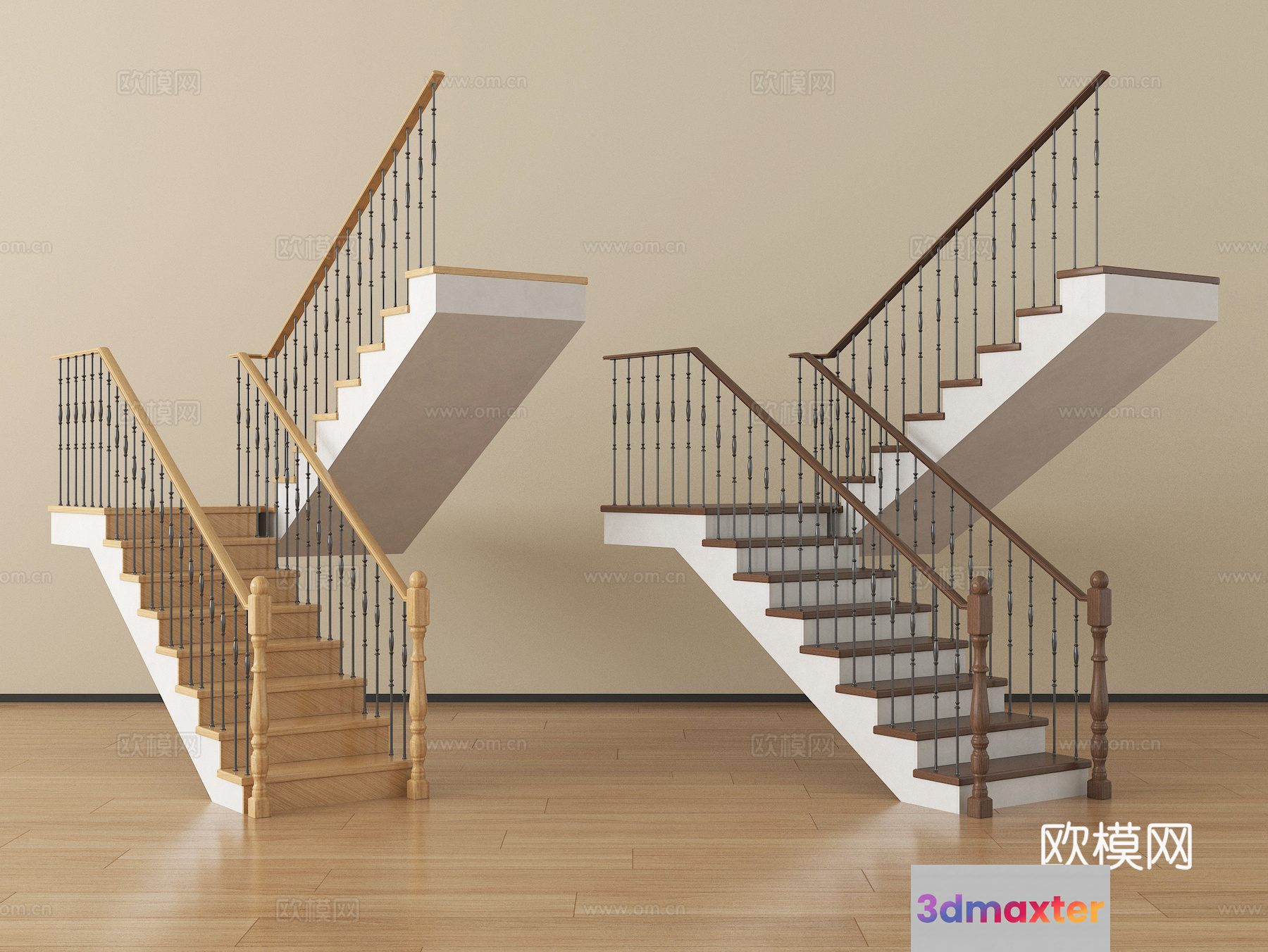 Two Sets Of Wooden Stairs With Metal Railings 3D Model - 17371 - VRAY Render