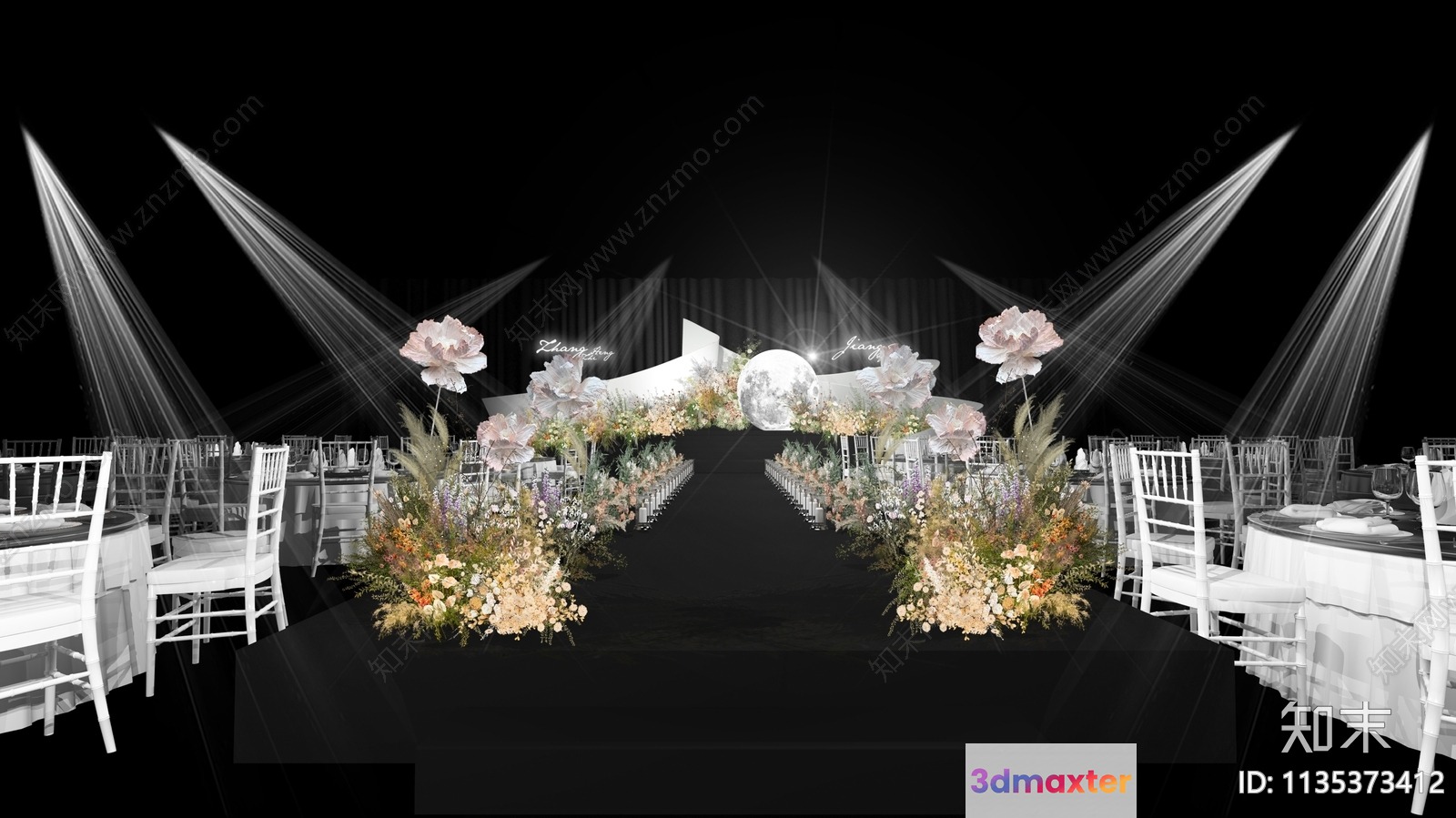 A Stage With A Floral Arrangement And White Chairs 3D Model - 14060 - VRAY Render