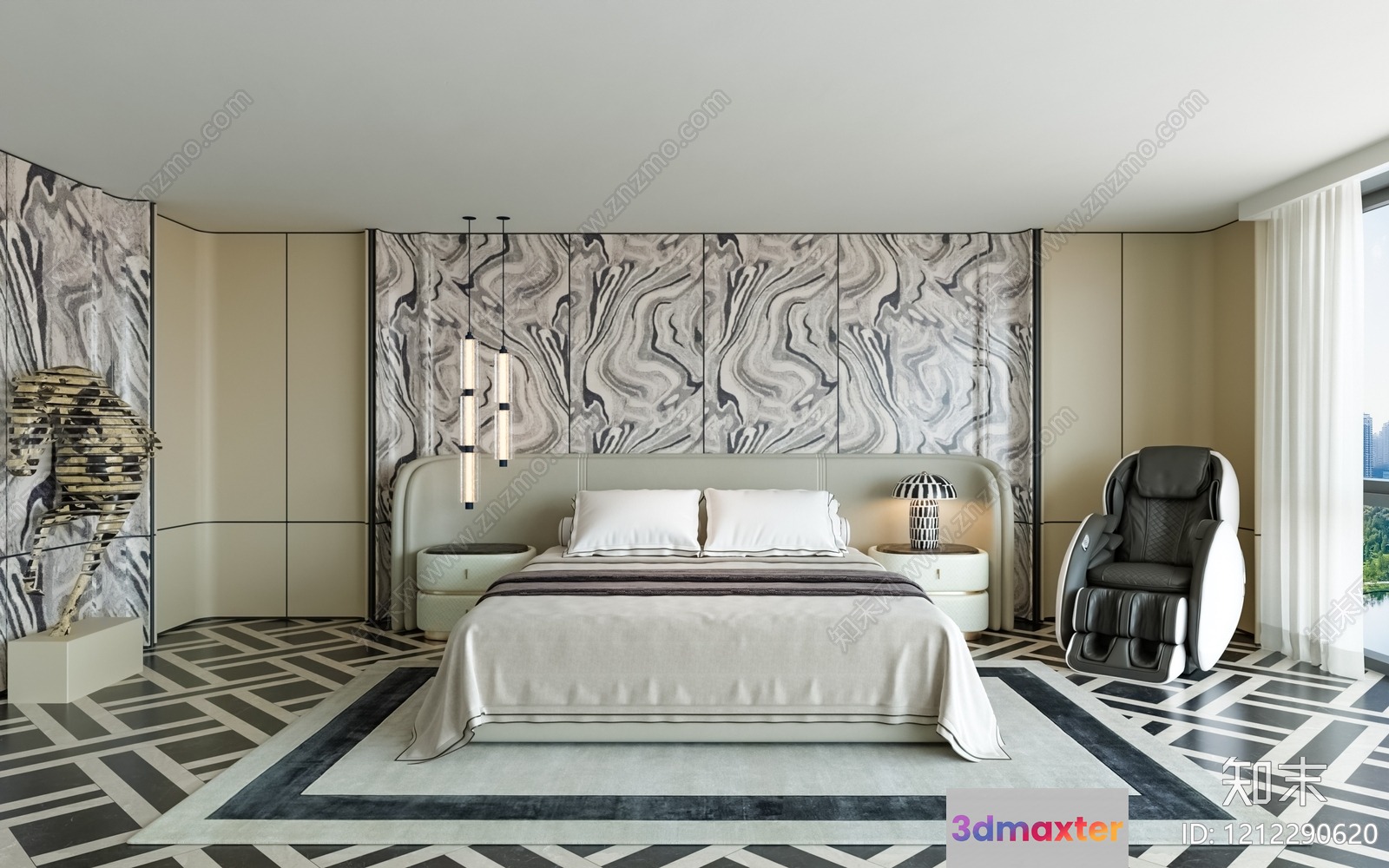 Modern Bedroom With A Large Bed 3D Model - 3281 - VRAY Render