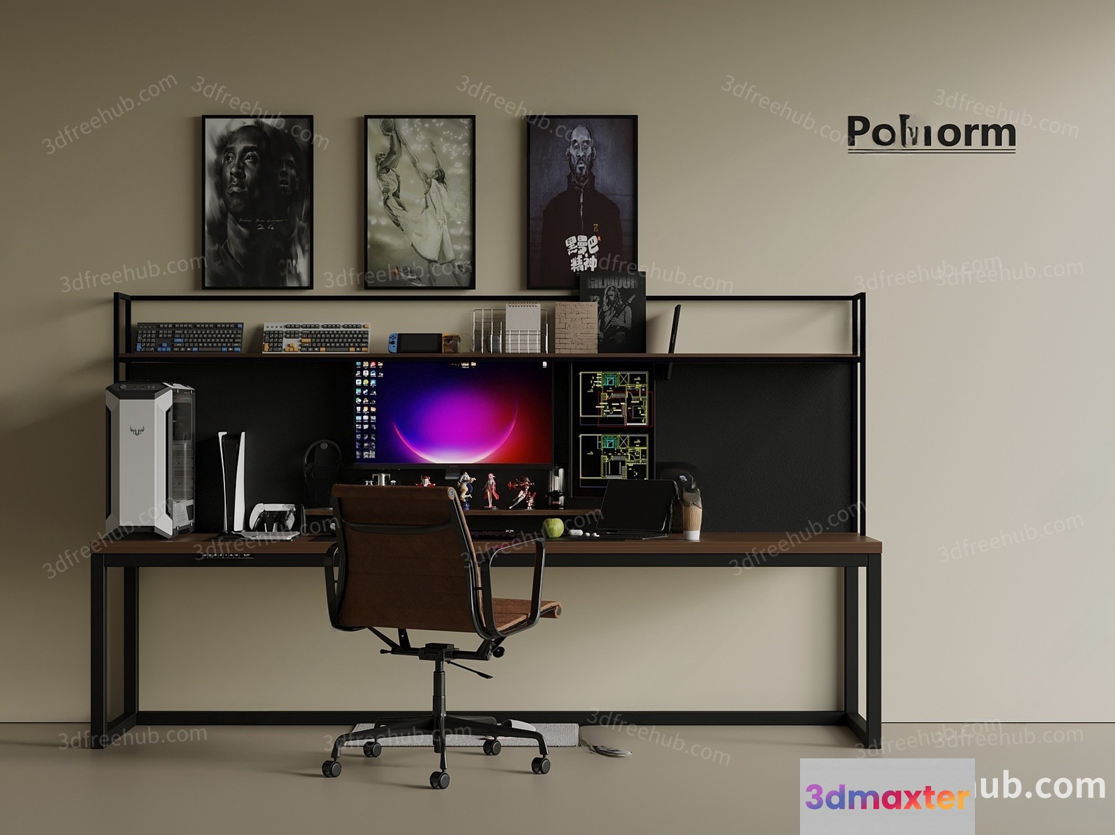 A Computer Desk With A Chair 3D Model - 22294 - VRAY Render