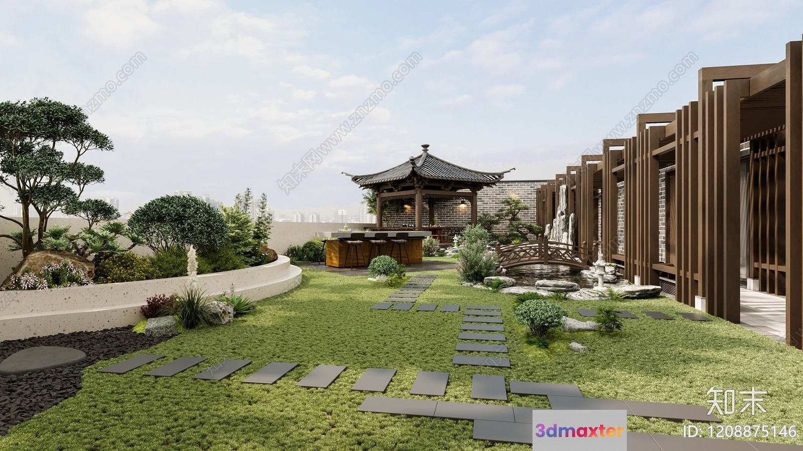 A Serene Japanese-Inspired Garden With A Gazebo 3D Model - 10739 - VRAY Render
