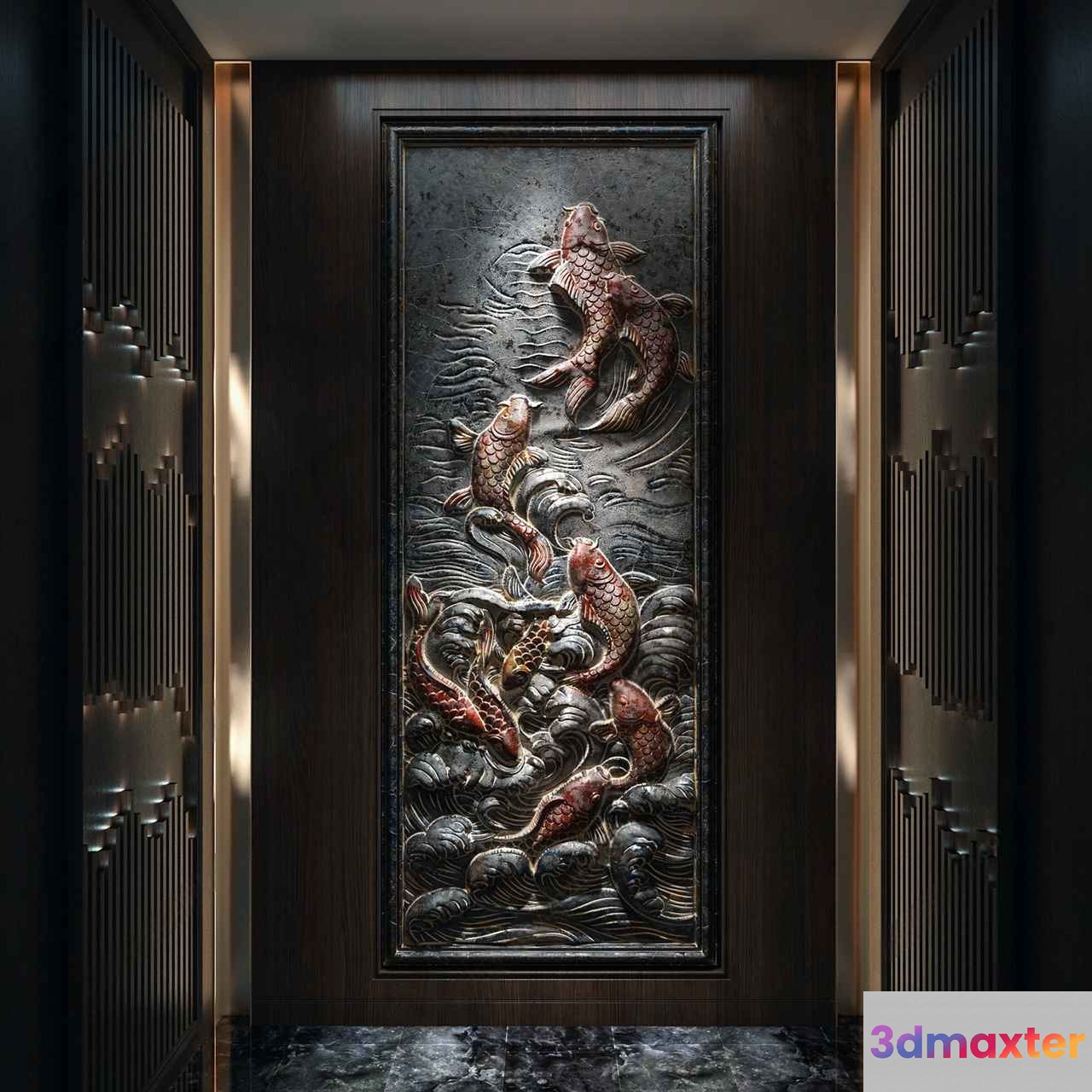 A Large Intricately Carved Wooden Panel With Fish Designs 3D Model - 13549 - VRAY Render
