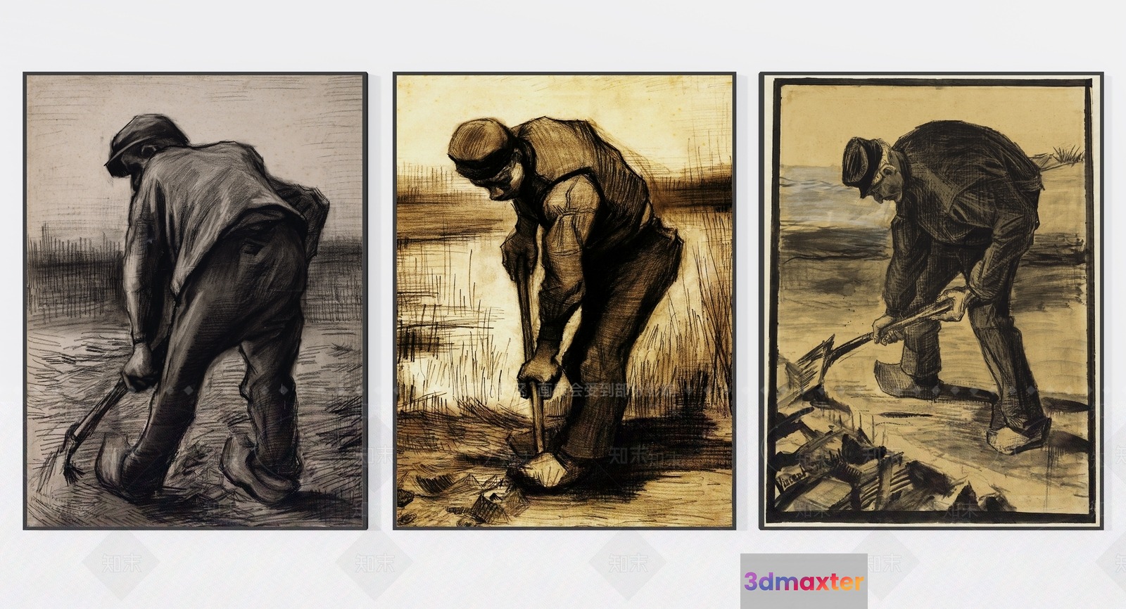 Three Men Digging In A Field 3D Model - 10570 - VRAY Render